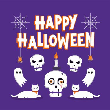 Kafatasları, kedileri ve beyazlı hayaletleri olan bayram süslemeleri. Kutlamalar ve davetiyeler için mükemmel..