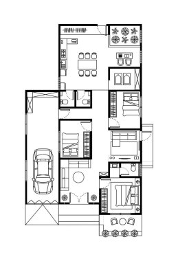 Daireler, stüdyolar ve evler için mimari planlar. İç kat planları beyaz arkaplanda izole edildi