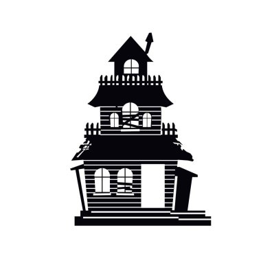 Çitli ürkütücü bir ev. Bozuk ve dehşet verici ikonun düz çizimi, Cadılar Bayramı için mükemmel..