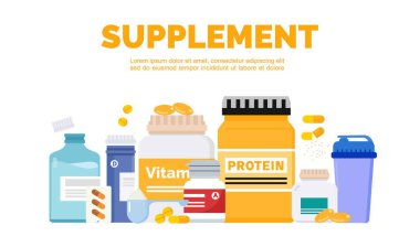 Vücut için takviyeler. Sağlık tedavileri, enerji artırıcılar, vitaminler ve hap, kapsül ve toz şeklinde kas geliştirme.