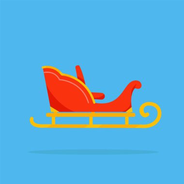 Kırmızı ve altın minimalist Noel Baba kızağı, düz stil kar kızağı, poster ve web simgesi için uygun