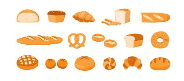 Ev yapımı ekmek koleksiyonu. Çeşitli Fransız ekmek ürünleri, taze ekmek, baget, kruvasan, çörek, çörek, lezzetli kahvaltı.