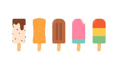 Çeşitli tatlara sahip dondurma çubukları koleksiyonu, tatlılar, posterler ve web simgeleri için tatlı sokak yemekleri