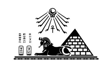 Antik Orta Doğu Sfenks aslanının silüeti piramit ve hiyerogliflerle