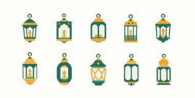 İslami fener seti, Arap lambaları ve posterler için zarif desenler. Ağ, pankart ve tebrik kartları için izole İslami unsurlar