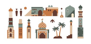 ikon koleksiyonu seti, cami inşa resimleri, çiçekler, evler, kuleler ve İslami simgeler