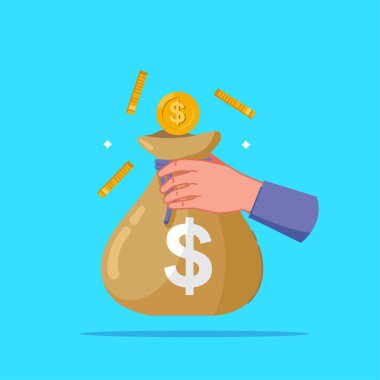 Elinde uçan bozuk paralarla el ele tutuşan para çantasının resmi, ekonominin sembolü ve düz bir takasın.