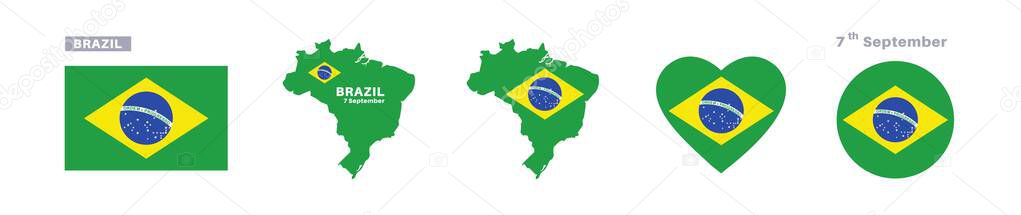 Brazil flag and map set. brazil flag in official colors and proportions. independence day 7 september , map, circle and heart shaped brazil