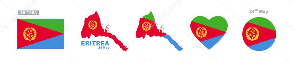 Vector of eritrea flag and map set. eritrea flag in official colors and proportions. independence day 24 may, map, circle and heart shaped eritrea Eritrea flag and map set. eritrea flag in official colors and proportions. independence day 24 may, map, circle and heart shaped eritrea stock vector