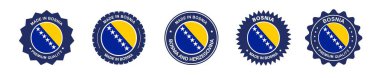 Bosnalı ürün etiketi hazır. Bosna-Hersek bayrağı, Bosna 'da özel yapım. Etiketler, mühürler, pullar, bayraklar, simgeler.