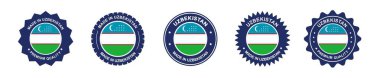 Özbekistan ürün etiketi seti. Özbekistan bayrağı, Özbekistan 'da üretilen prim. Etiketler, mühürler, pullar, bayraklar, simgeler