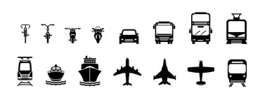 çeşitli kara, deniz ve hava araçları, kamu ve özel seyahat ulaşımı, motosikletler, trenler, arabalar, otobüsler, gemiler ve uçaklar