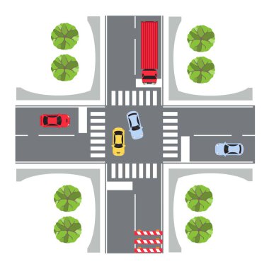 Çapraz yol manzarası. Yoldan geçen arabaların olduğu bir kavşak. İllüzyon. Kavşakta ulaşımı olan bir şehir sokağı..