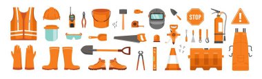 Endüstriyel ve inşaat işleri için bir takım ekipman ve giysi. Araçlar, testereler, çekiçler, tornavidalar, miğferler, gözlükler, ayakkabılar, üniformalar, emniyet kemerleri, kaynak koruması ve diğerleri.