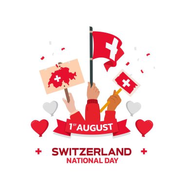 İsviçre Bağımsızlık Günü Tasarımı, 1 Ağustos 'un minimalist tasarım unsurları. İnsanların bayrakları ve haritası merkezde bağımsızlık ruhu ile birlikte.
