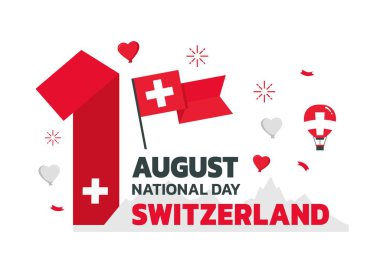İsviçre Bağımsızlık Günü tasarımı, minimal tasarım 1 Ağustos element kutusu şablonu, İsviçre haritası ve bayrağı