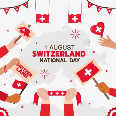 İsviçre Bağımsızlık Günü Tasarımı, 1 Ağustos kutlama şablonu şablonu, coşkulu bayraklar ve dairesel harita taşıyan insanlar poster ve afiş şeklinde bayrak
