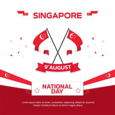 Singapur Bağımsızlık Günü tasarımı, 9 Ağustos tasarım element kutusu şablonu bayraklı ve en altta yeşil zemin, Singapur haritası ve bayrak