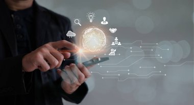 Online transaction concept. Businessmen use smartphones to search for information and connect to people around the world, Using technology internet, data connection, big data, 