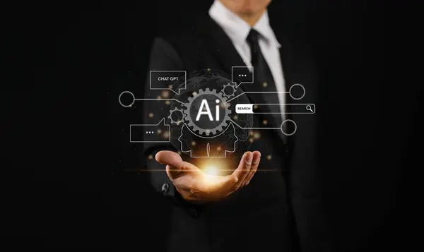 人間は自動インタラクションと情報検索のための人工知能脳を披露する 未来的な技術の変革 人工知能 チャットボットとAi ロイヤリティフリーのストック画像