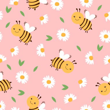 Sevimli el çizimi bahar çiçeği arıları bal parlak desenli kumaş, duvar kağıdı. Vektör. Vektör illüstrasyonu
