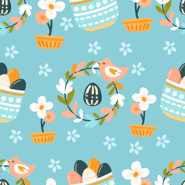 Paskalya sepeti ve çiçek desenli Paskalya karikatürü. Vektör illüstrasyonu