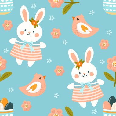 Paskalya sepeti ve çiçek desenli Paskalya karikatürü. Vektör illüstrasyonu