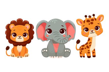 Şirin genç zürafa aslanı beyazın üstünde duruyor. Vektör illüstrasyonu