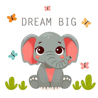 Sevimli genç fil beyazın üstünde duruyor. Vektör illüstrasyonu