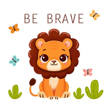 Sevimli Genç Aslan Beyazın Üzerinde Duruyor. Vektör illüstrasyonu