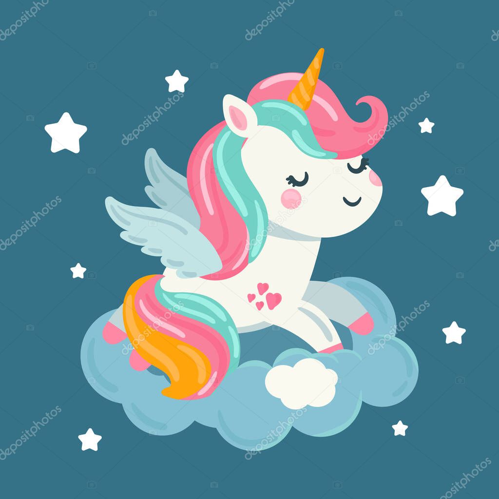 Cute Unicorn on Fluffy Clouds. Vector illustration