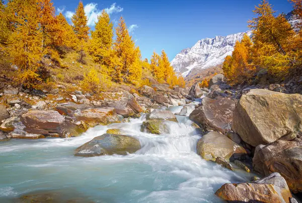Autumn Waterfall Loetschental Swiss Beautiful Autumn Colors White Snow Peaks — Stock Photo, Image