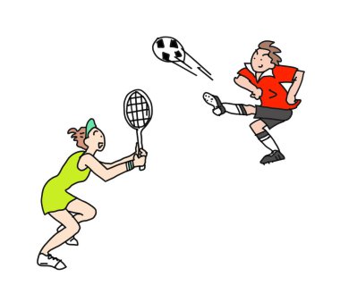 Futbol oynayan bir adam ve tenis oynayan bir kadın.