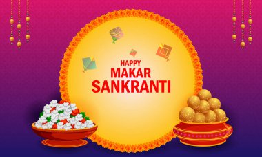 Mutlu Makar Sankranti 'nin vektör tasarımı. Geleneksel Hint bayramı.
