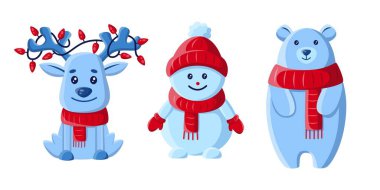 Geyik, kardan adam, ayı, kış hayvanı karakterleri, vektör illüstrasyonu 
