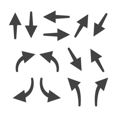 Üçgen köşeli el çizilmiş oklar koleksiyonu. Ok çizgileri, yön okları ve kıvrımlı oklar da dahil olmak üzere eskiz öğeleri. EPS 10 'da vektör illüstrasyonu.