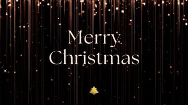 Mutlu Noeller, ışıldayan ışıklar Noel ağacı ve kırmızı zemin, kar taneleri üzerine İngilizce Mutlu Yıllar mesajı. Zarif animasyon Noel sezonu sosyal etkinliği dijital 4k video kaseti.
