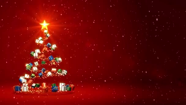 メリークリスマス 輝く光クリスマスツリー そして赤い背景 雪片に英語でハッピーニューイヤー挨拶メッセージ エレガントなアニメーションホリデーシーズンソーシャルポストデジタル4Kビデオ — ストック動画
