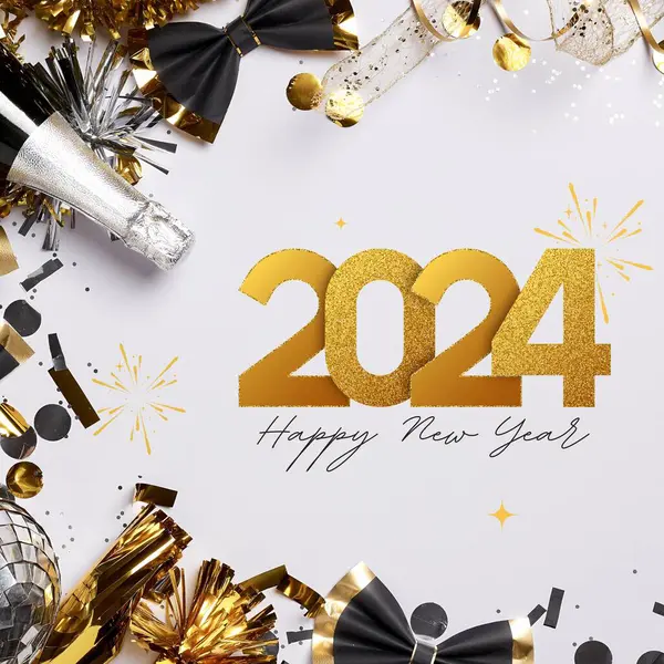 Happy  New Year 2024  illustrations, greeting cards, and background posters, banners. Happy  New Year 2024 golden numbers and festive confetti on a black background. Vector holiday illustration.