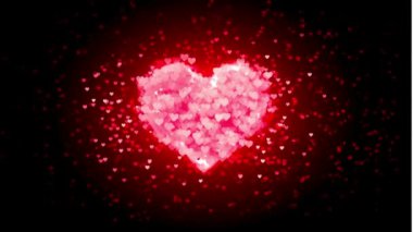Sevgililer Günü geçmişi, uçan soyut kalpler ve parçacıklar. Yüksek kaliteli 4K video. Video.heart çerçeve üzerindeki kaplama için kalp animasyonları. Sevgililer Günü için Bokeh, Sparkles ve kalplerin sınır dekorasyonu. Tebrik kartı. 