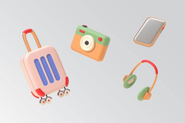 Yaz 3d gerçekçi canlandırma vektör simgesi. Güneş gözlüğü bavulu kamera kulaklığı gibi.