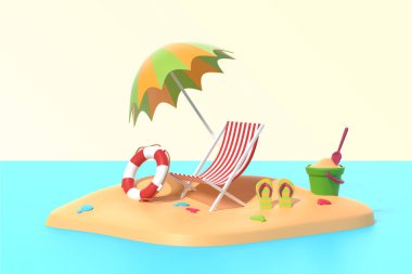 3D gerçekçi plaj sandalyesi ve kum deniz vektörü illüstrasyonunda dekoratif elementler kümesi