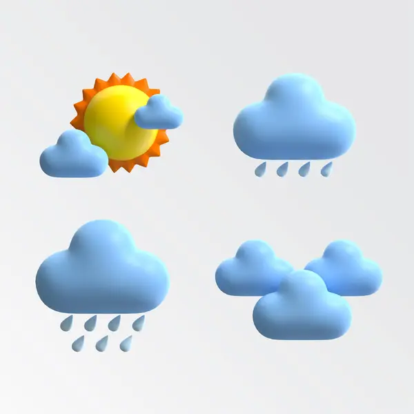 Weather icons. 3d weather icons - render style sun - cumulus and snowflakes. Forecast weather flat symbols. 3d vector realistic objects. Vector illustration design element set. Isolated objects