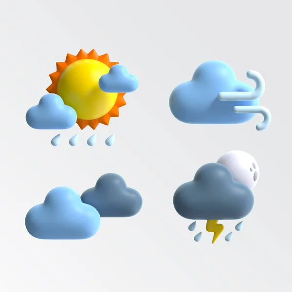 Weather icons. 3D elements for weather forecast. Thunderstorm and lightning - rain and showers - cloud and rainbow - drops and wind - cold and warm
