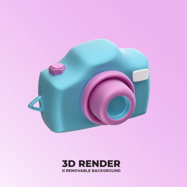 Fotoğraf makinesi 3D görüntüleme. Lensli ve flaşlı küçük dijital fotoğraf makinesi. Lens ve düğmeli fotoğraf makinesi. 3d vektör simgesi.