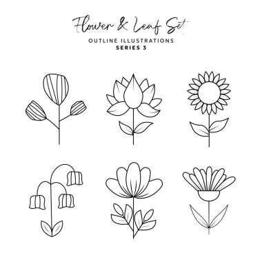 El çizimindeki bitki ve çiçek elementleri ve logo renklendirme süsü için taslak resimleme EPS Vektörü