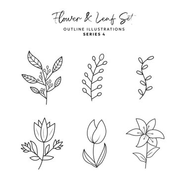 El çizimindeki bitki ve çiçek elementleri ve logo renklendirme süsü için taslak resimleme EPS Vektörü