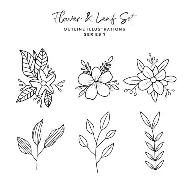 El çizimindeki bitki ve çiçek elementleri ve logo renklendirme süsü için taslak resimleme EPS Vektörü