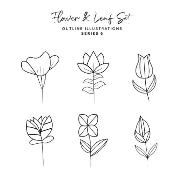 El çizimindeki bitki ve çiçek elementleri ve logo renklendirme süsü için taslak resimleme EPS Vektörü