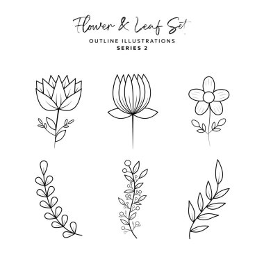 Logo Renklendirme Süslemesi için Çiçek ve Yaprak veya Çiçek El Çizimi EPS Vektörü